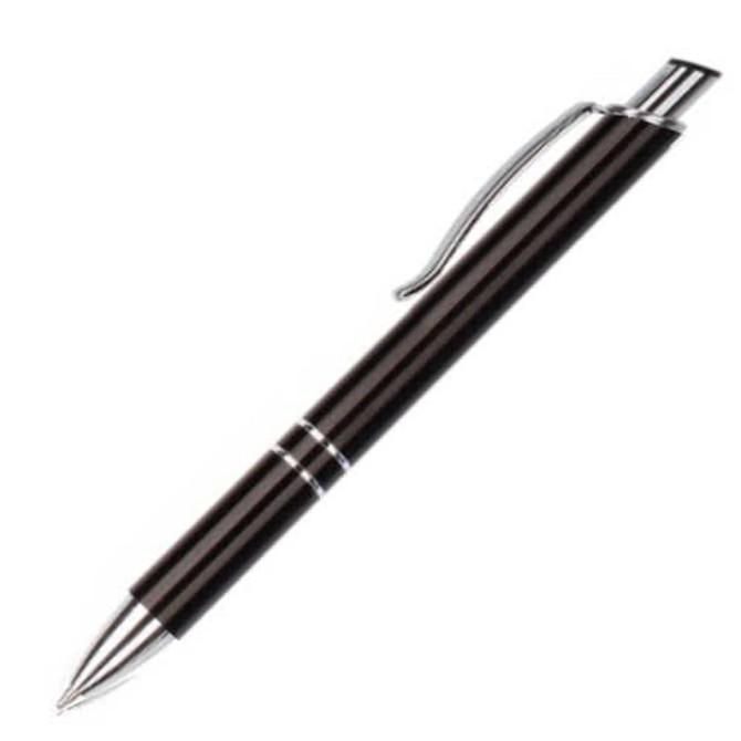 A black metal pen with shiny silver accents and a clip, featuring a sleek and elegant design.