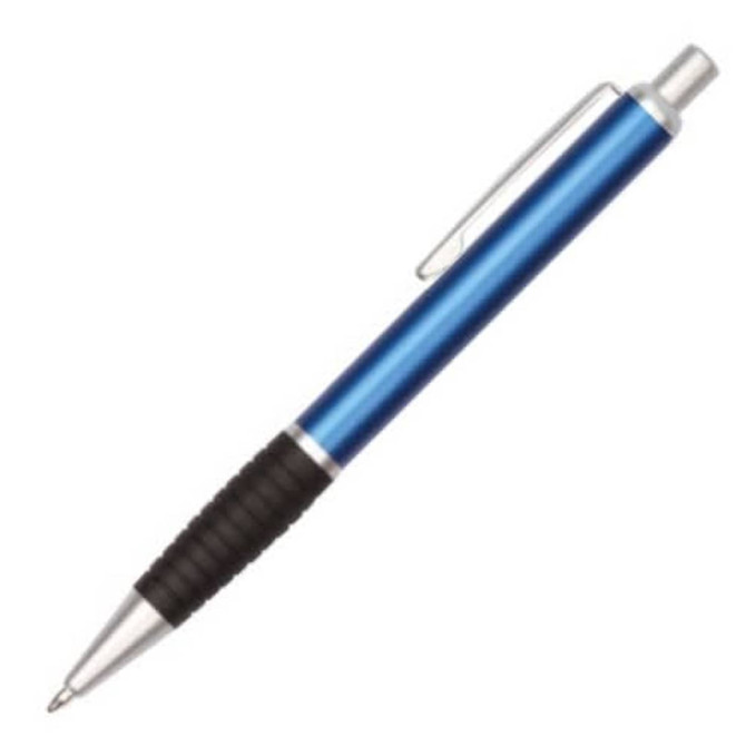 A blue metal pen with a silver tip and a textured black grip, featuring a clip and a logo.