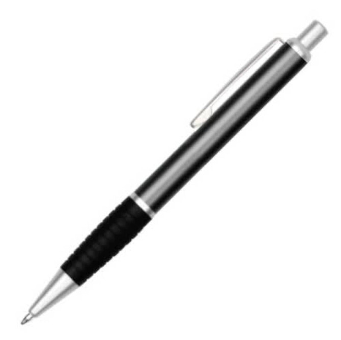 A metal pen with a sleek silver body and a black rubber grip, featuring a clip and a polished tip.