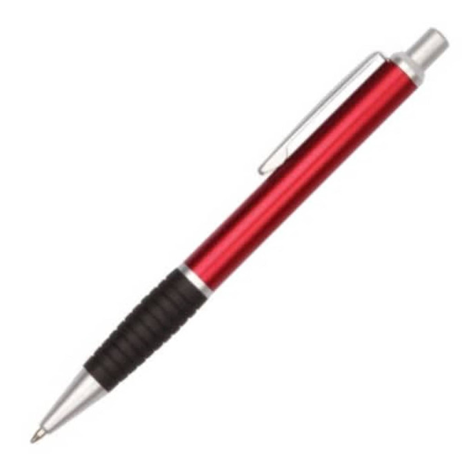 A red metal pen with a silver tip and black grip, featuring a clip and branding.