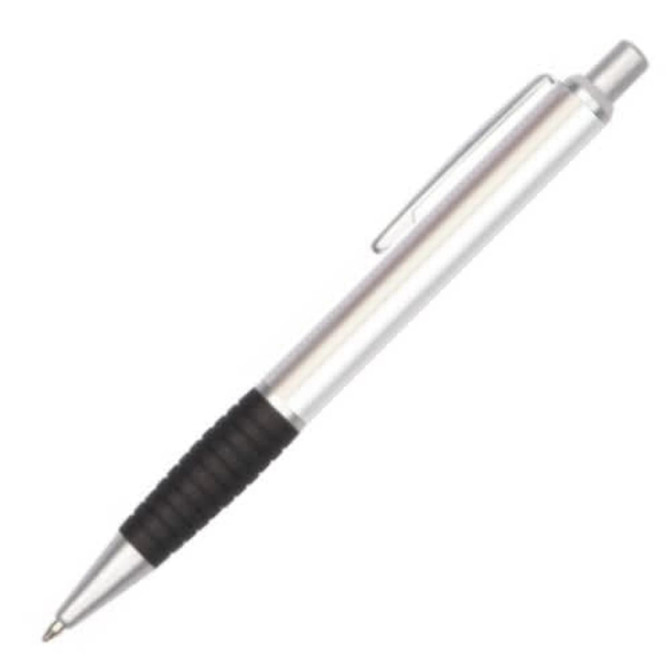A silver metal pen with a black rubber grip and a clip. It features a sleek design and a branding logo.