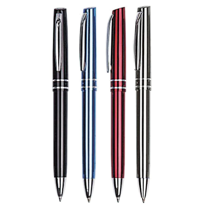 Four stylus plastic pens in black, blue, red, and silver, each featuring a logo on the barrel.