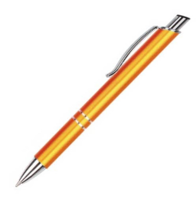 An orange and silver metal pen with a decorative clip and chrome accents. It has a sleek design and branding present.