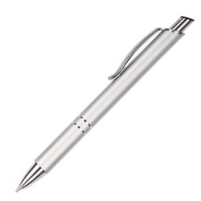 A silver metal pen with a sleek design, featuring a clip and a shiny point. It includes a logo on the body.