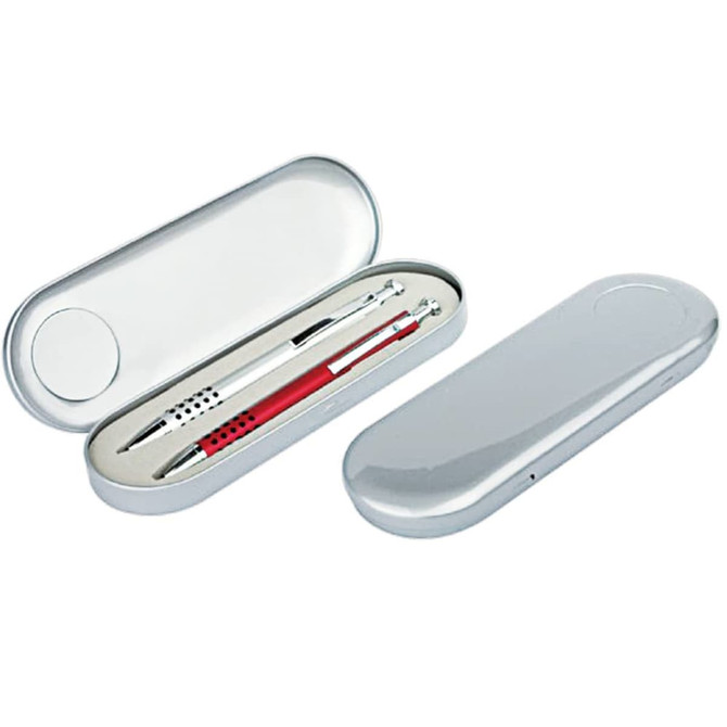 A silver case containing a red and silver pen and a stylus, featuring a logo on the case.