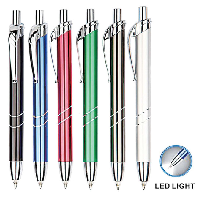A collection of metal pens in black, blue, red, green, and silver, each with a chrome finish and a clip.