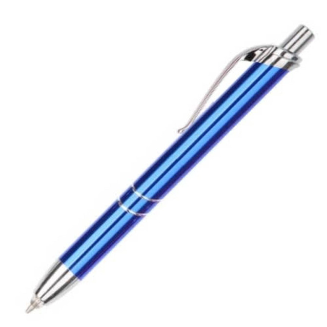 A blue metal pen with a shiny chrome clip and accents, featuring a sleek design and a logo.