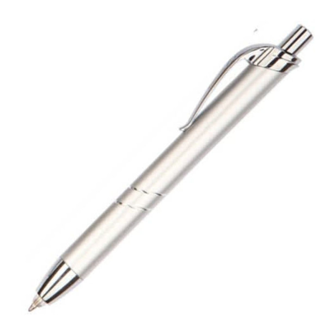 A silver metal pen with a sleek design and a clip. It features smooth lines and a polished finish.