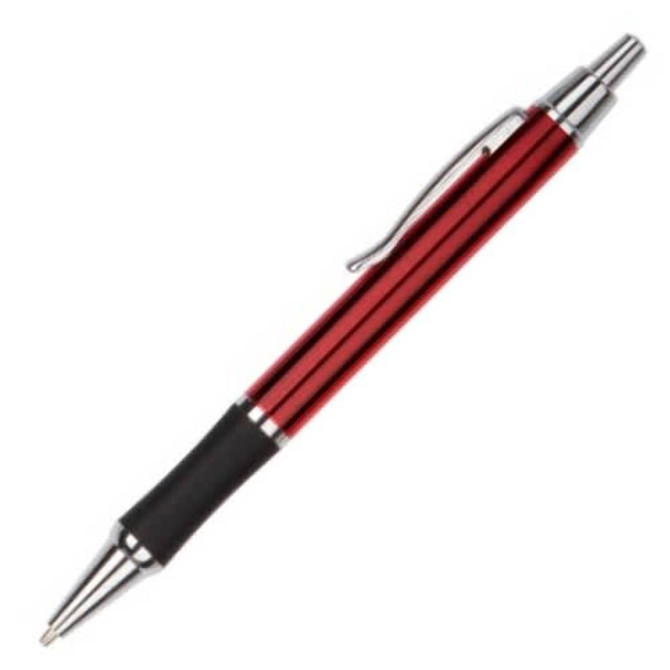 A metal pen in red with silver accents and a black grip, featuring a clip and sleek design.