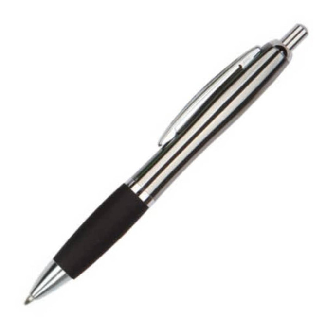 A metal pen with a shiny silver barrel and a black rubber grip, featuring a retractable click mechanism.