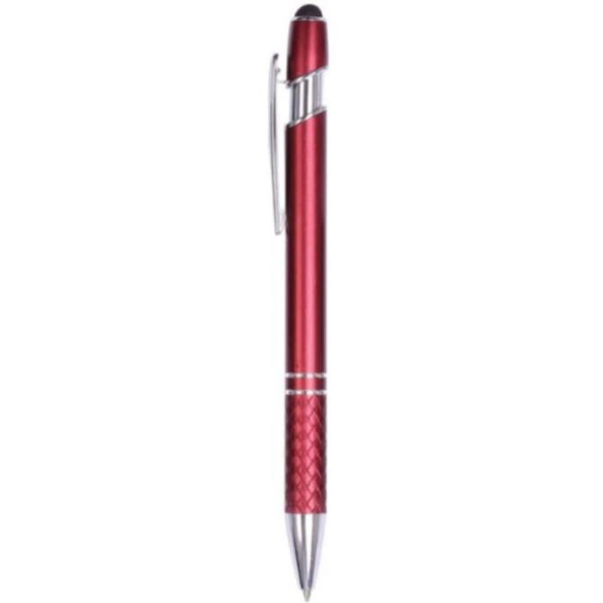 A red metal pen with a silver clip and detailing, featuring a rubber tip at the top.