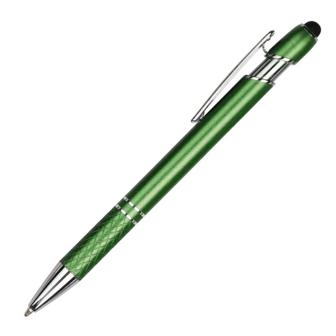 A green metal pen with a textured grip and chrome accents, featuring a clip and a stylus tip.