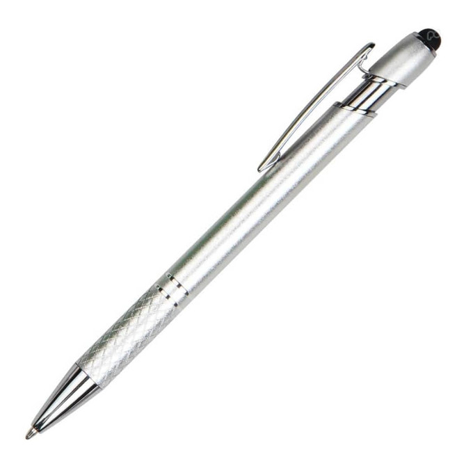 A silver aluminium pen with a textured grip and chrome accents, featuring a clip for easy attachment.