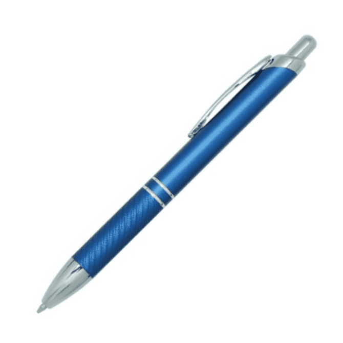 A blue metal pen with a chrome clip and accents, featuring a textured grip area.