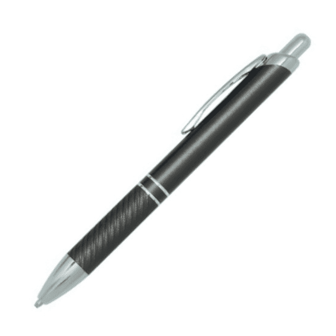 A metallic black pen with a silver clip and accents, featuring a textured grip. It includes a logo on the body.