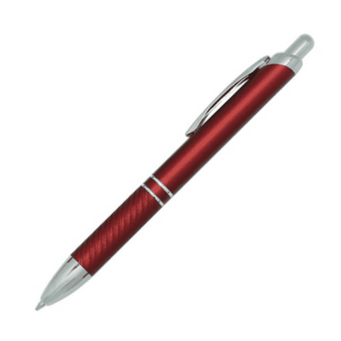 A red metal pen with a silver clip and accents. The design features a textured grip.
