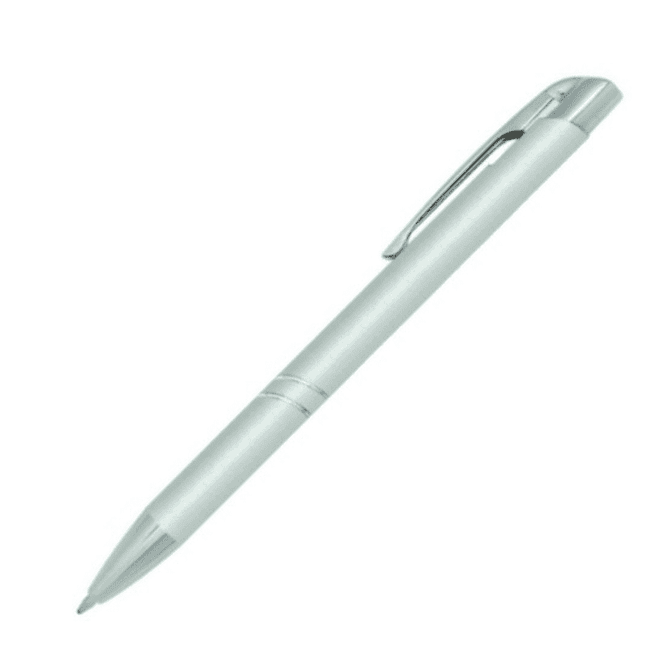 A silver metal pen with a sleek design and a clip attached. It features a polished finish.