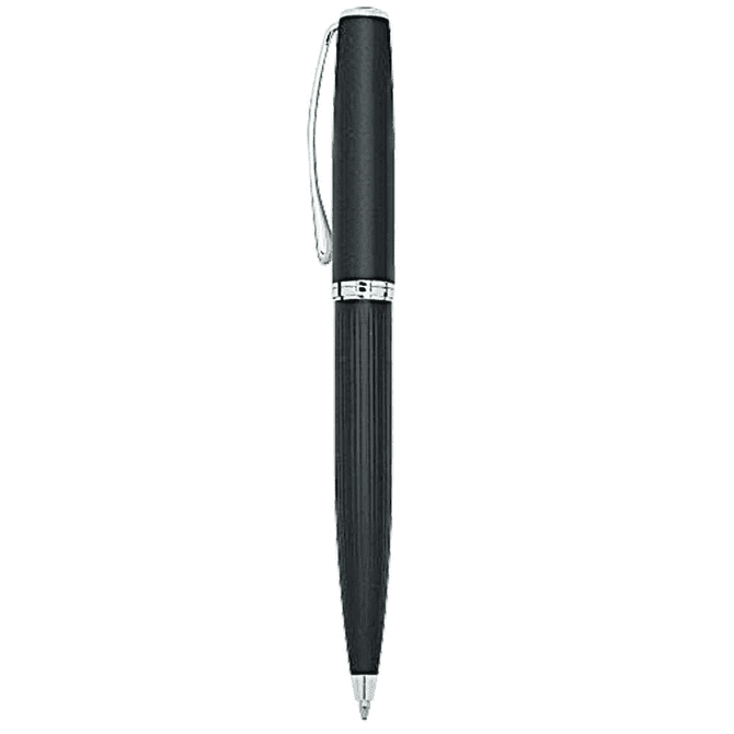 A sleek black metal ball pen with a polished silver clip and detailing. It features a ribbed barrel design.