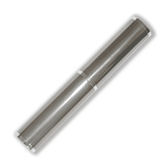 A sleek, silver pen tube with metallic ends and a shiny finish, featuring a logo.