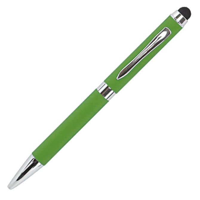 A green metal pen with a silver clip and tip, featuring a stylus on the end. It has a smooth finish and a logo.