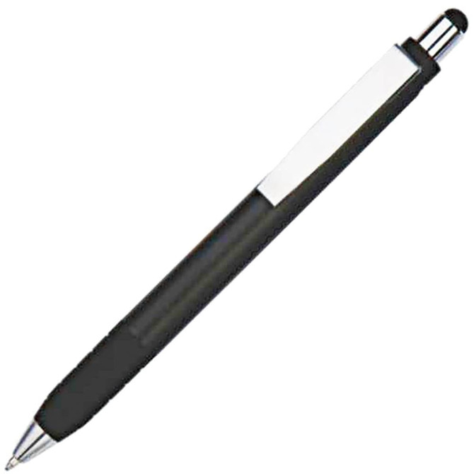 A black stylus pen with a silver clip and rubber tip for touchscreens. It features a simple design and has a branding logo.