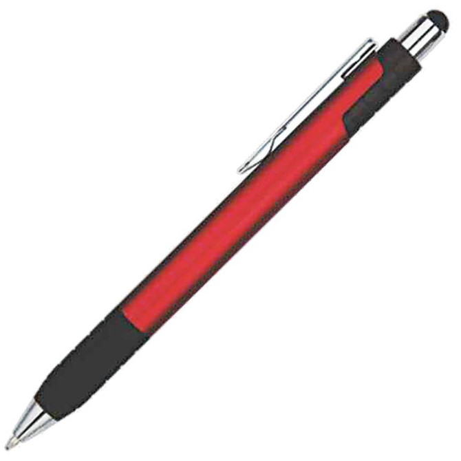 A red stylus pen with a black rubber grip and silver details, featuring a clip and a stylus tip.