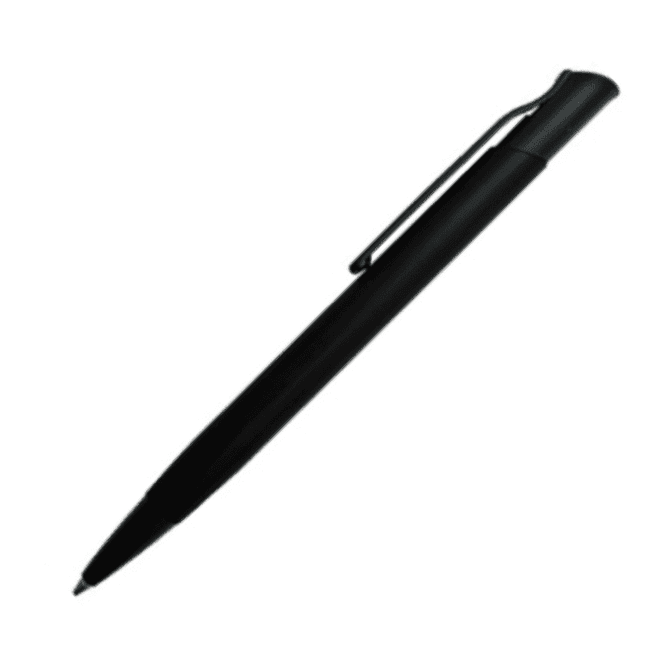 A black metal pen with a smooth finish and a clip. It features a logo on its body.