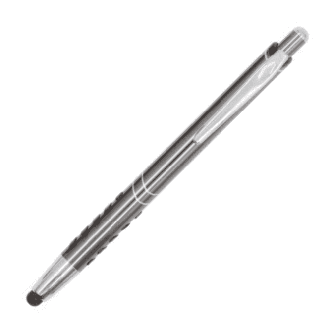 A metal pen with a sleek silver design and a black grip, featuring a stylus tip. It has a branding logo.