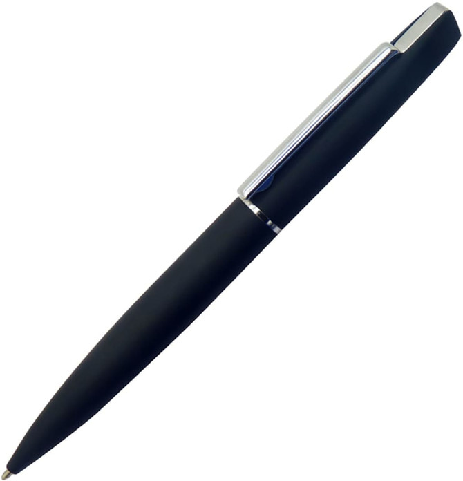 A black metal pen with a sleek design and a silver clip, featuring a logo on the body.