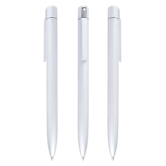 Three white metal pens are displayed, featuring a sleek design and a clip for easy attachment.