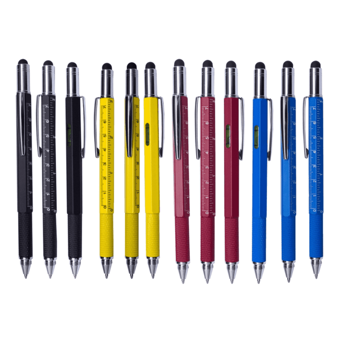A collection of metal pens in black, yellow, red, and blue, featuring rulers and a level. Each has a shiny finish and a logo.