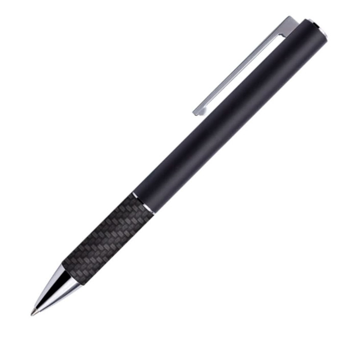 A metal pen with a sleek black body and textured grip, featuring a silver clip and chrome tip.