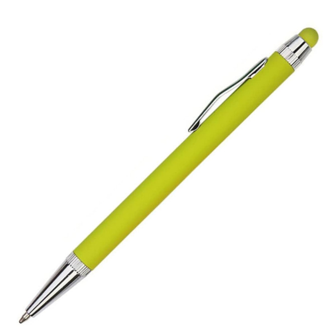 A metal pen in vibrant lime green with a chrome clip and tip, featuring a branding logo.