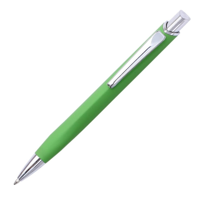 A green metal pen with a silver clip and tip. It features a sleek design and a smooth finish.