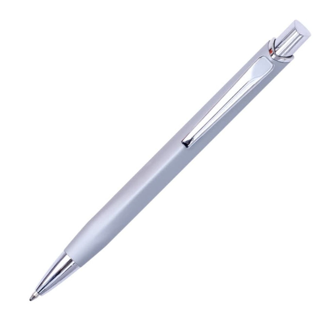 A metal pen with a sleek grey body and chrome accents, featuring a clip for easy attachment.