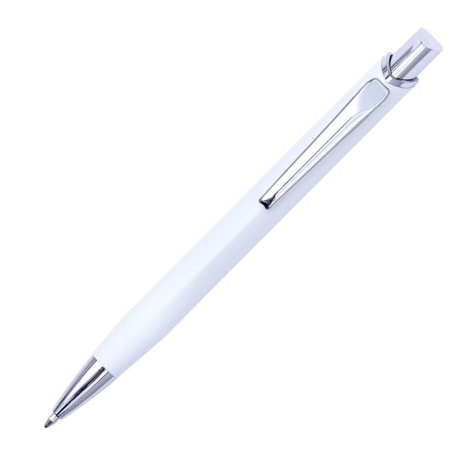 A white metal pen with a chrome clip and tip, featuring a sleek and modern design.