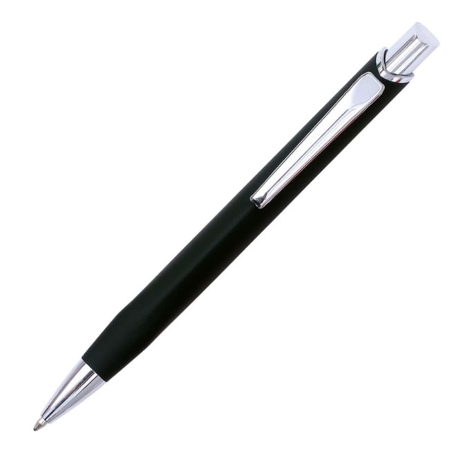 A black metal pen with a sleek design and a chrome clip, featuring a logo on the body.