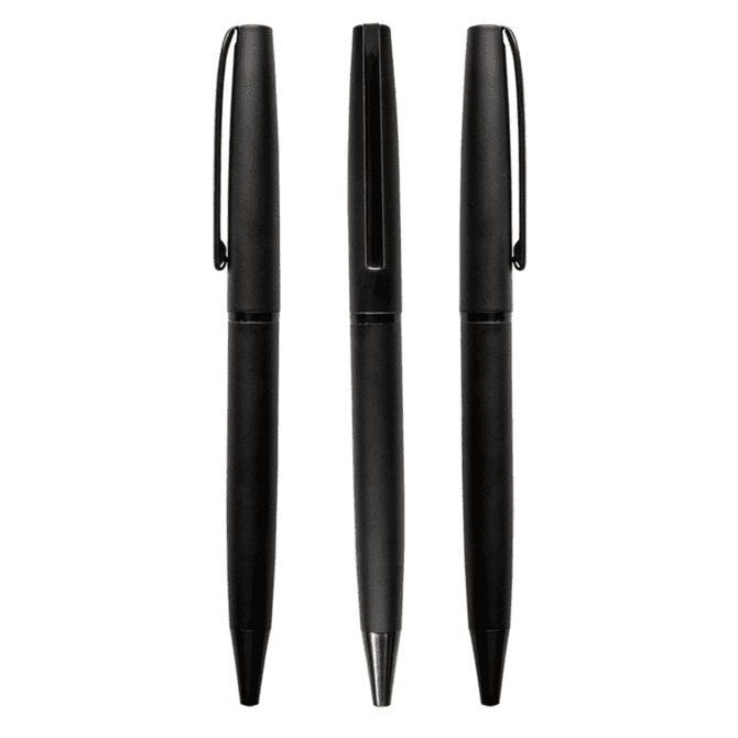 Three black metal pens are displayed, featuring a sleek design and clips for practicality. They have a logo on one side.