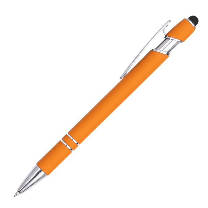 An orange aluminium pen stylus with a shiny silver clip and accents. It includes a touchscreen-compatible tip.