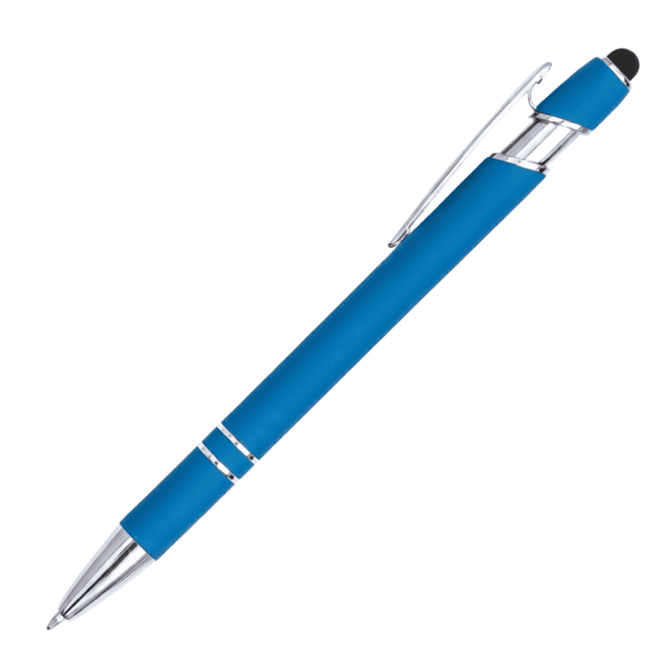 A blue aluminum pen stylus with a silver clip and a black tip for touchscreen use. It features a branding logo.