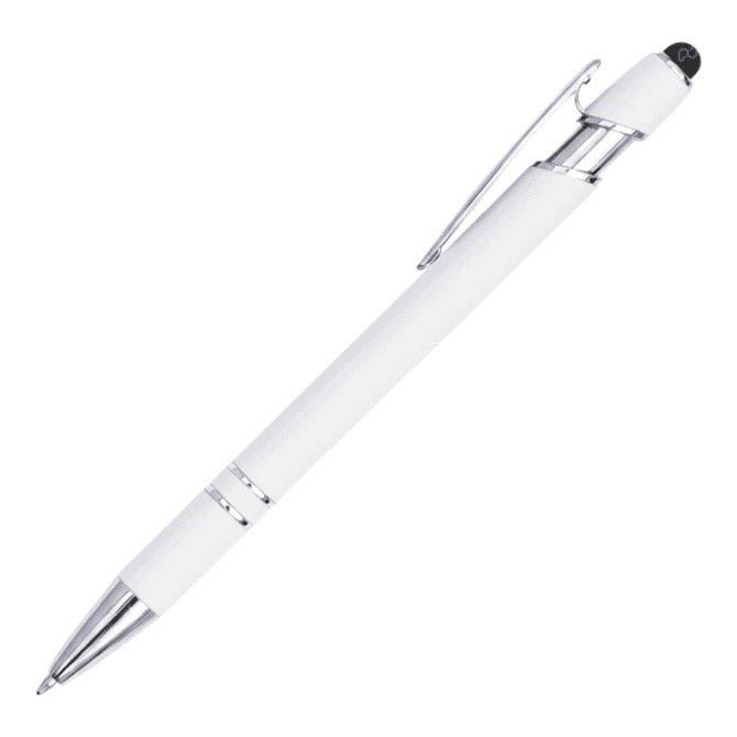 A stylus pen made of aluminium, featuring a white body and silver accents, with a logo on the top.
