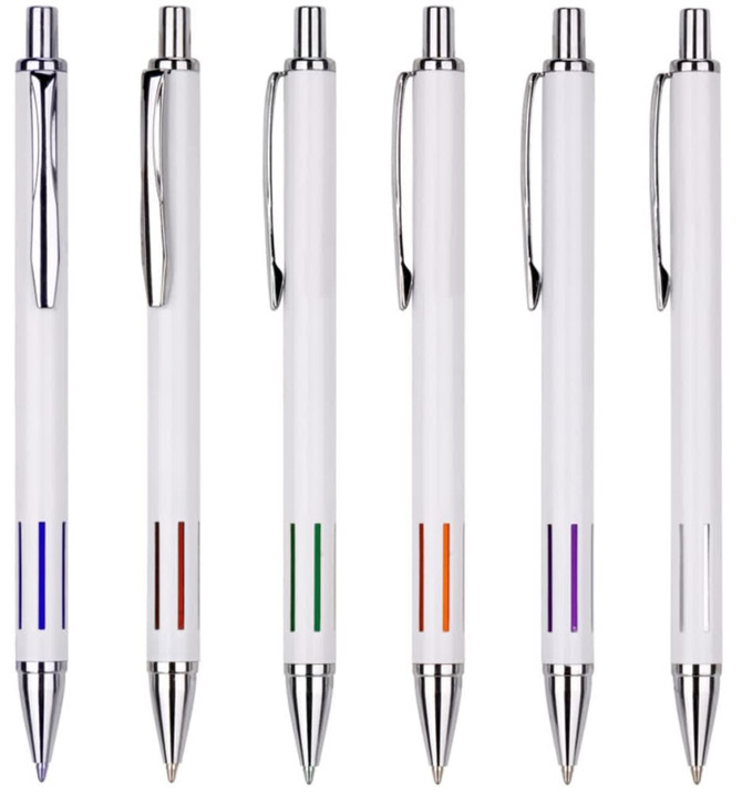 A set of six white metal pens featuring coloured accents in blue, green, orange, and purple. Each pen has a clip and branding.