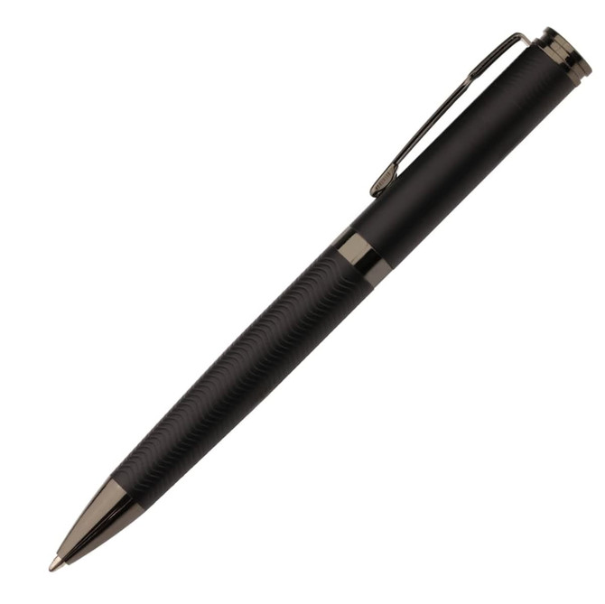 A metal pen in black with a textured grip and a sleek, chrome clip. The pen features a branding logo.