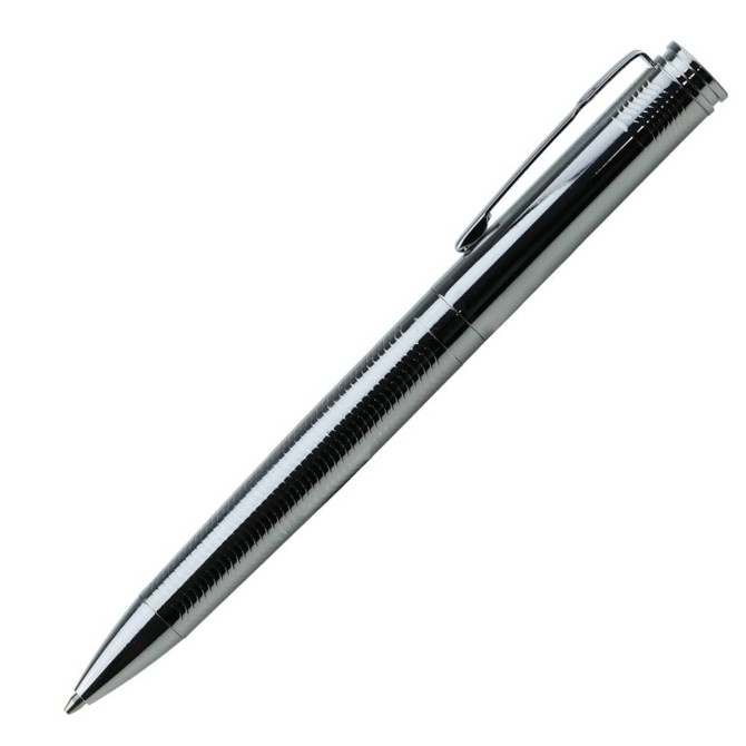 A metal pen with a sleek chrome finish, featuring a textured grip and a clip for easy attachment.