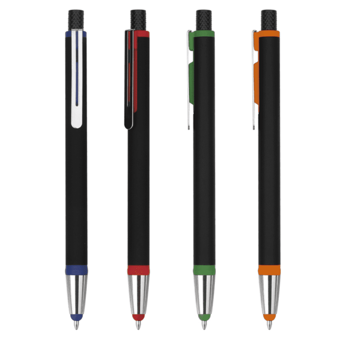 Four sleek stylus pens in black, featuring coloured accents in blue, red, green, and orange, with chrome details.