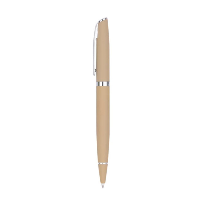 A metal pen in a light beige colour with silver accents and a clip, featuring a sleek design.