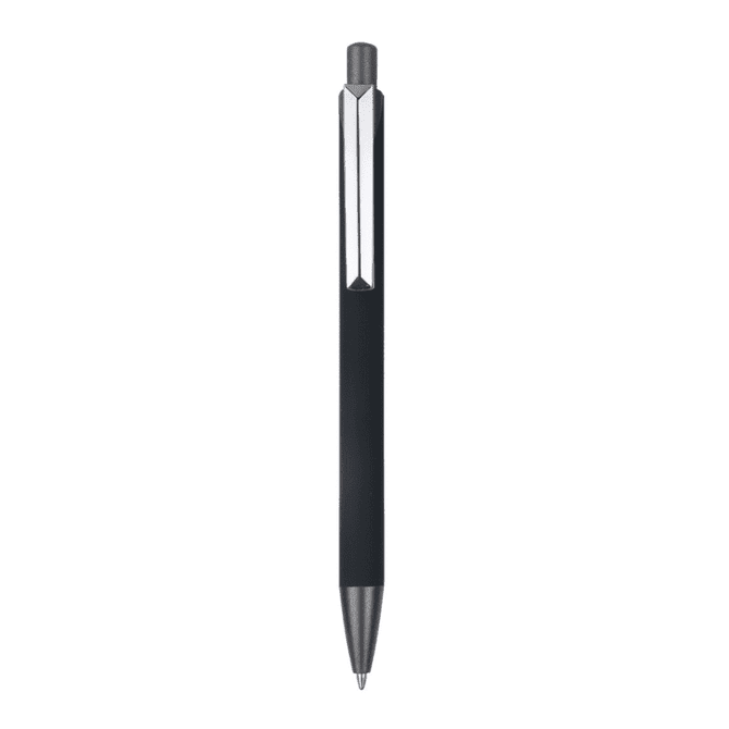 A metal pen in black with a silver clip and tip, featuring a logo on the body.
