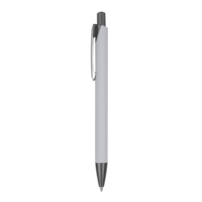 A metal pen in white with a black tip and clip, featuring a logo.