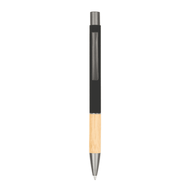 A metal pen with a sleek design featuring a black grip and a natural bamboo barrel. It has a branding logo.