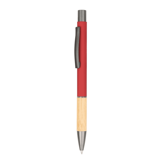 A metal pen with a red barrel and bamboo base, featuring a black clip and a silver tip. It includes a logo.